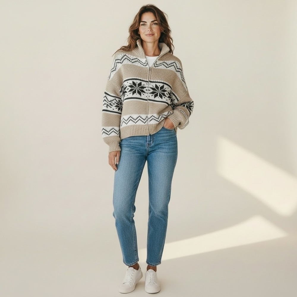 Le Lis Collection Womens Fair Isle Quarter Zip Sweater Tan‎ Brown Nordic  M